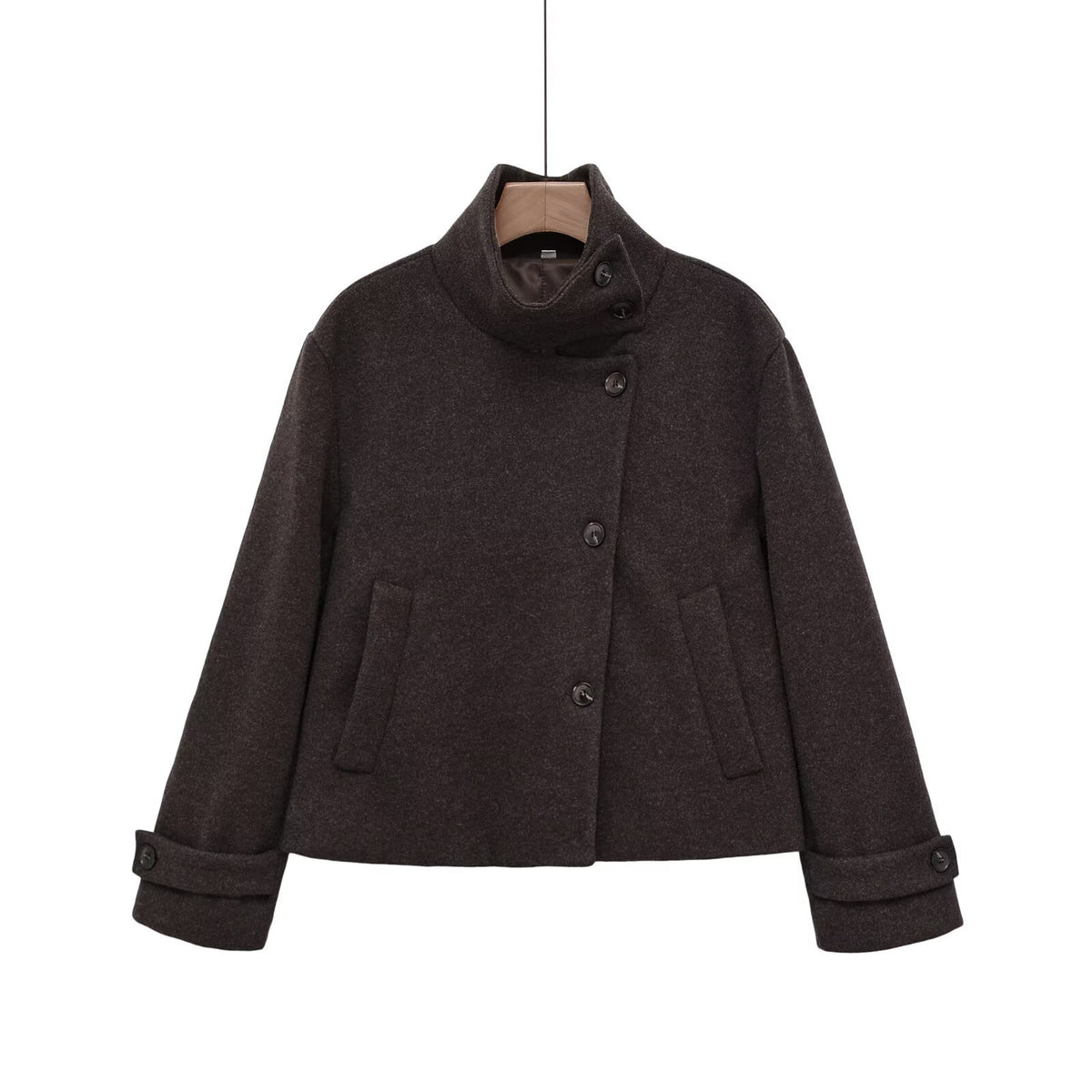 Slant breasted single breasted standing collar woolen coat for women