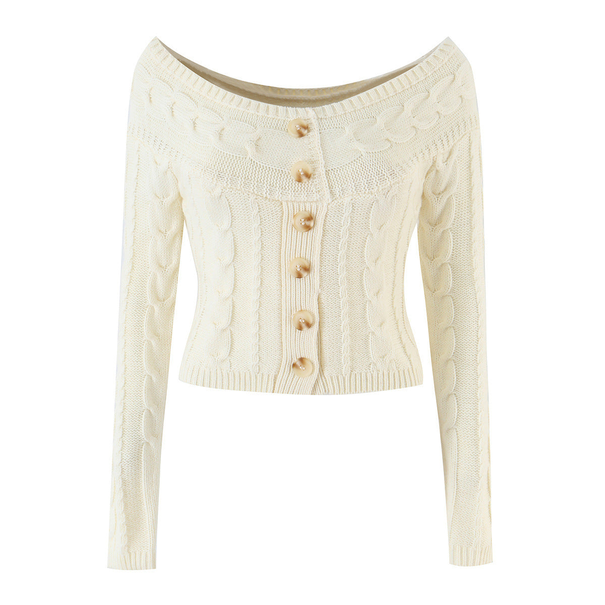 Off shoulder straight neck Fried Dough Twists cardigan knit for women