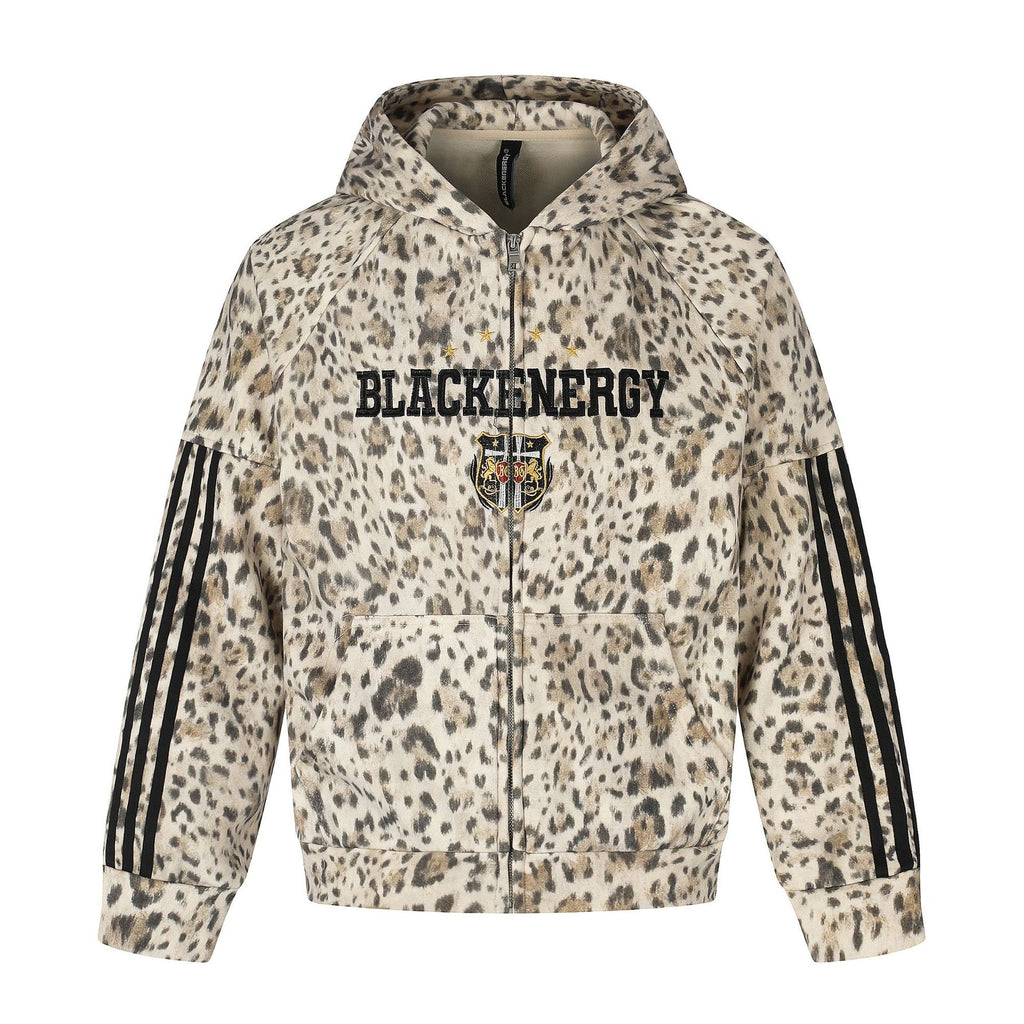All-Over Leopard Print Oversized Hooded Jacket with Raglan Striped Sleeves and Embroidery