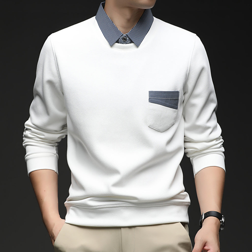 Men's Business Casual Faux Two-Piece Long Sleeve Crew Neck Sweatshirt