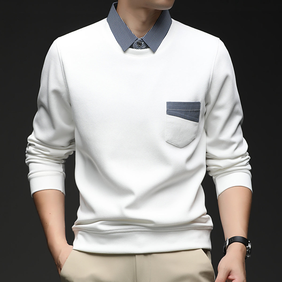 Men's Business Casual Faux Two-Piece Long Sleeve Crew Neck Sweatshirt