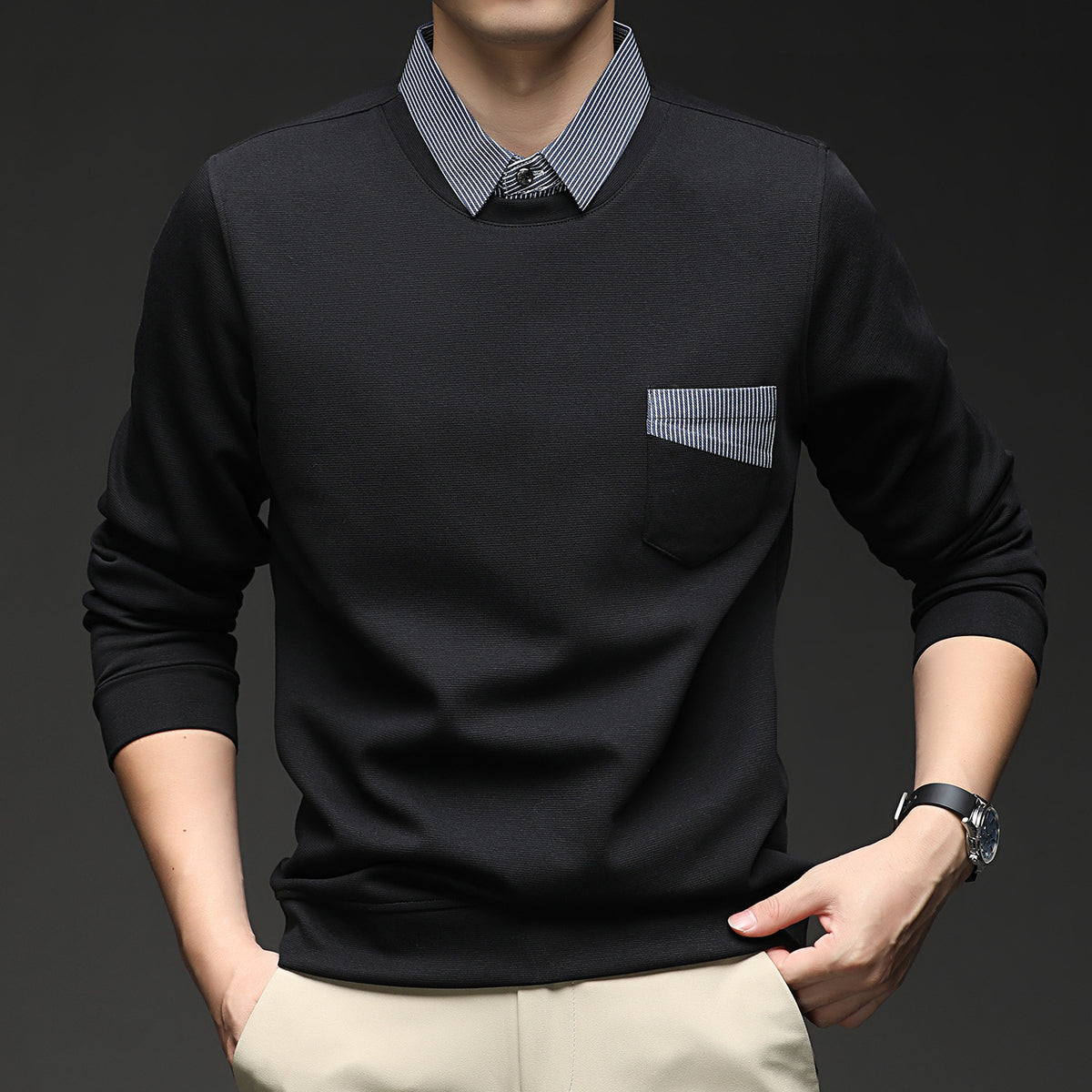 Men's Business Casual Faux Two-Piece Long Sleeve Crew Neck Sweatshirt