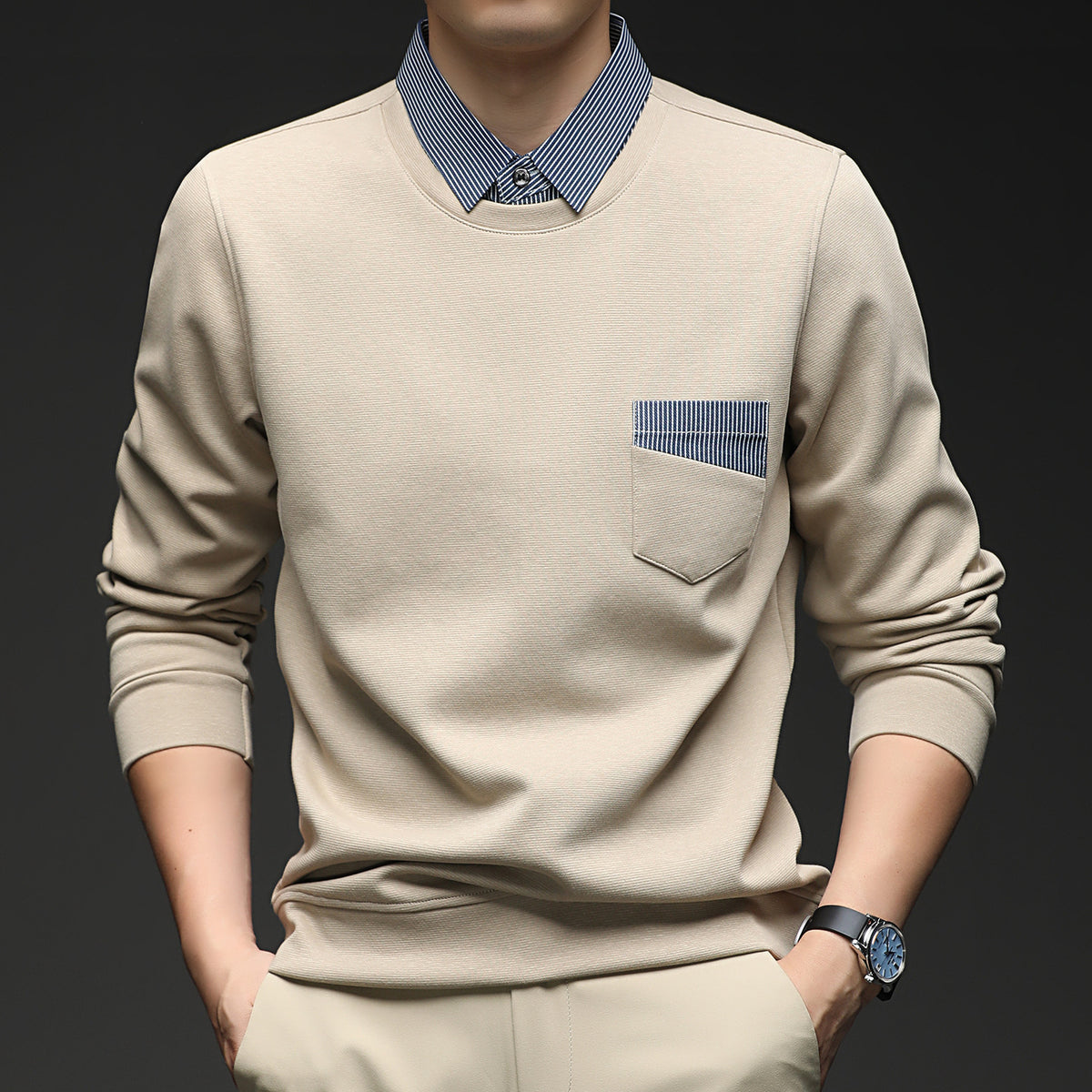 Men's Business Casual Faux Two-Piece Long Sleeve Crew Neck Sweatshirt