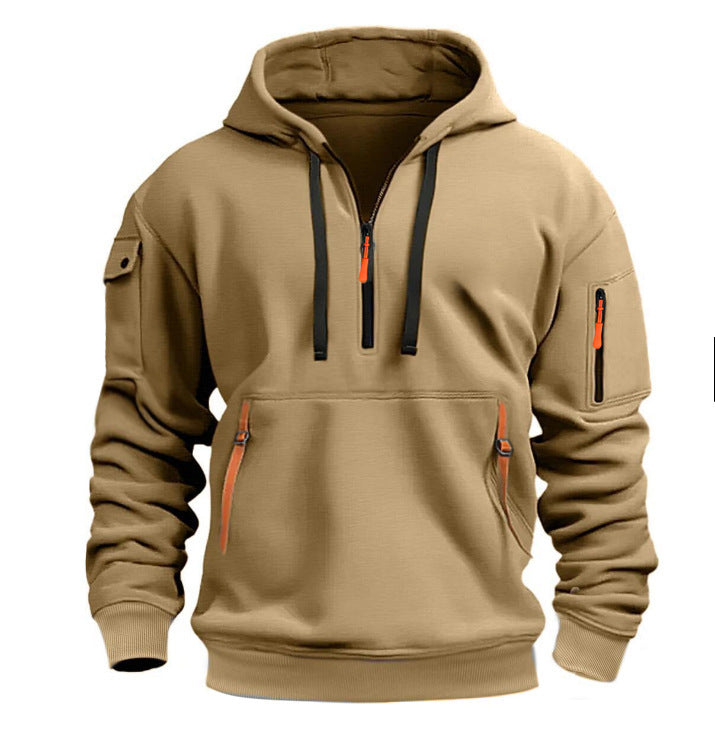 Men's Casual Sports Multi-Zipper Arm Pocket Hooded Pullover Sweatshirt