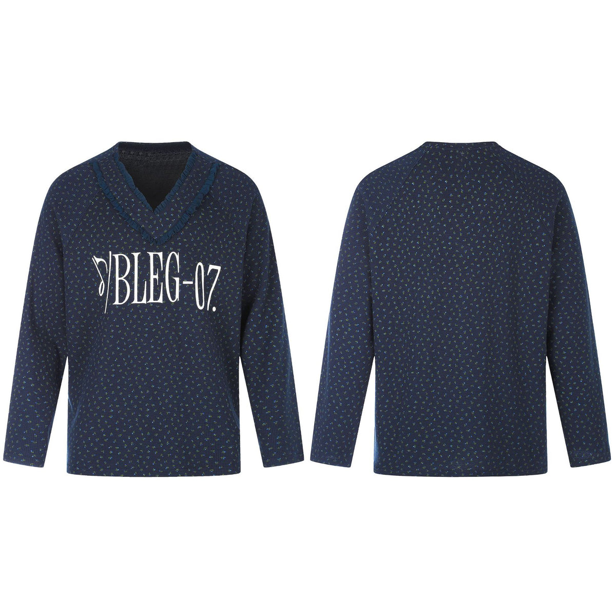 Relaxed Fit Floral Print Long Sleeve V-Neck Ruffle Trim Waffle Knit Sweatshirt