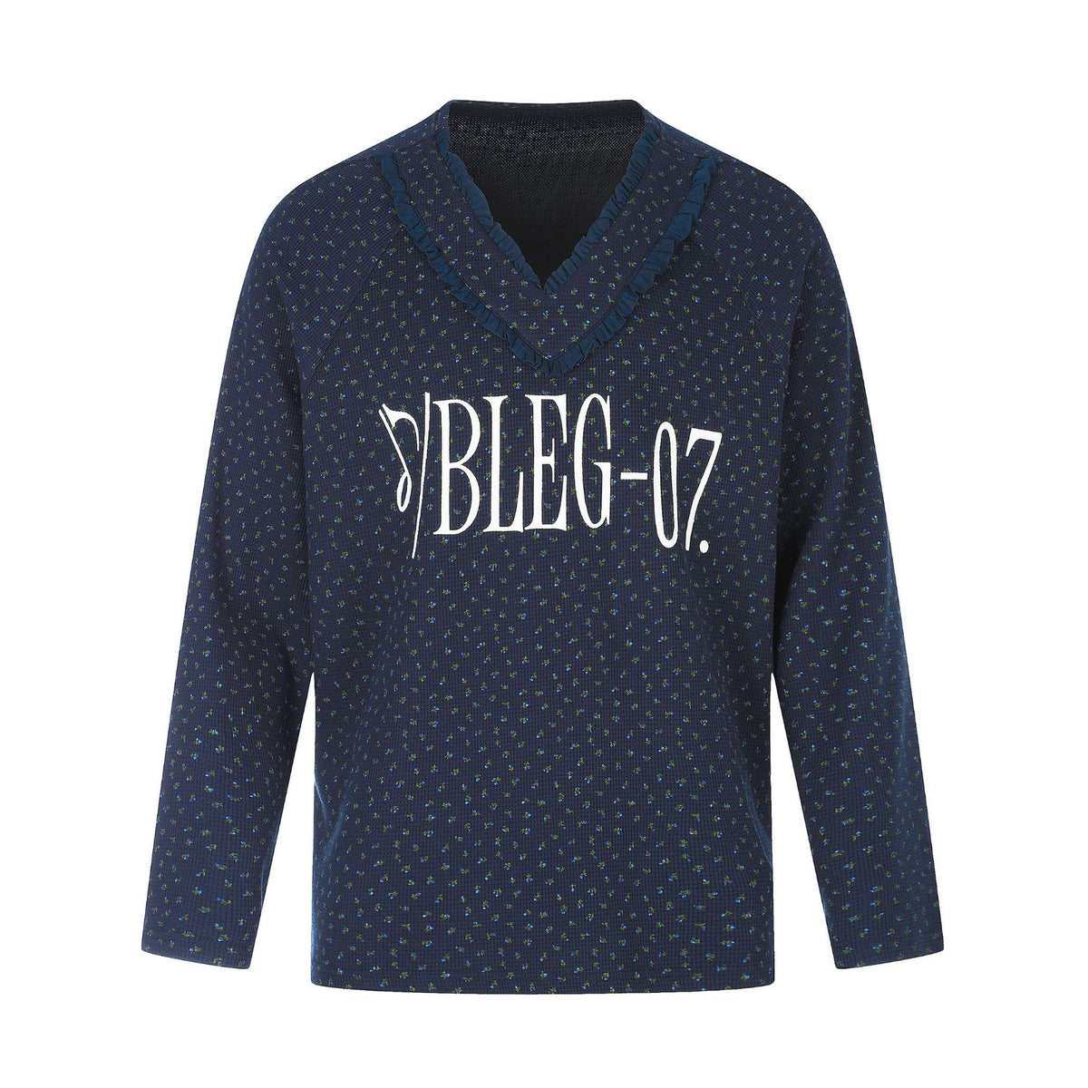 Relaxed Fit Floral Print Long Sleeve V-Neck Ruffle Trim Waffle Knit Sweatshirt
