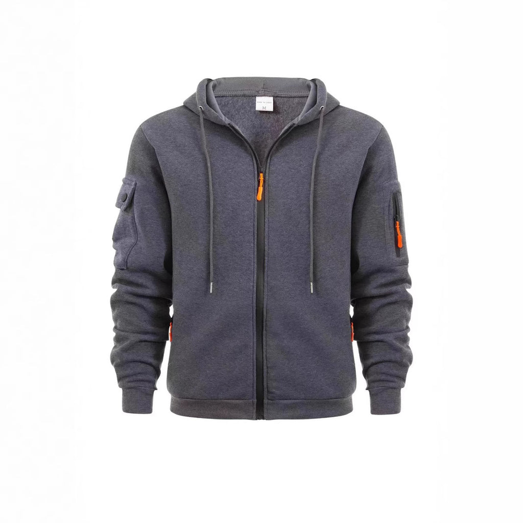 Men's Sport Casual Zip Up Hooded Jacket with Multi-Pocket Sleeves