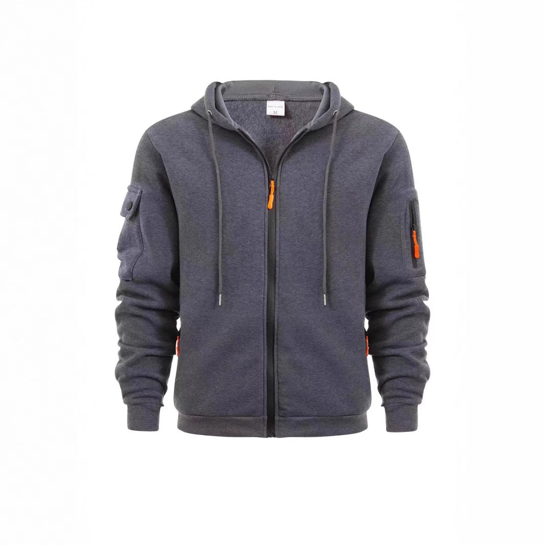 Men's Sport Casual Zip Up Hooded Jacket with Multi-Pocket Sleeves