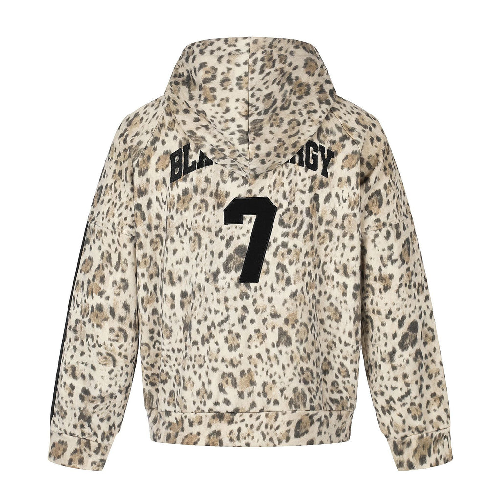 All-Over Leopard Print Oversized Hooded Jacket with Raglan Striped Sleeves and Embroidery