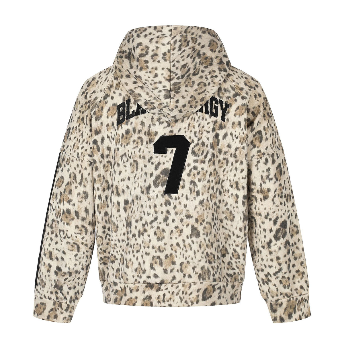 All-Over Leopard Print Oversized Hooded Jacket with Raglan Striped Sleeves and Embroidery