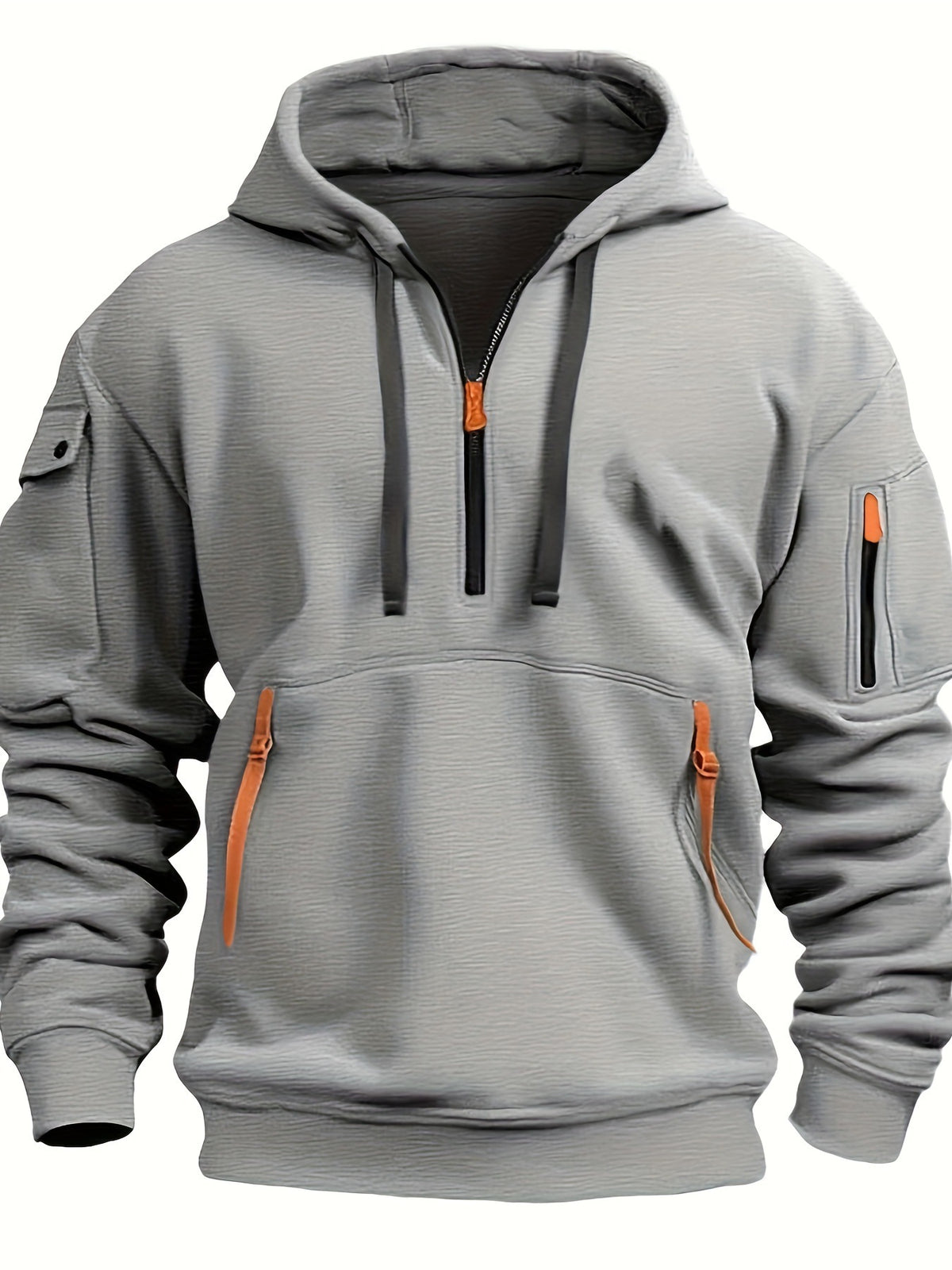 Men's Casual Sports Multi-Zipper Arm Pocket Hooded Pullover Sweatshirt