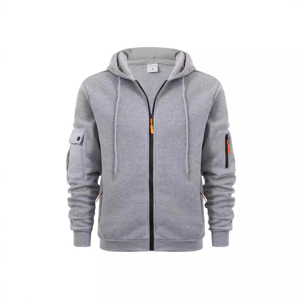 Men's Sport Casual Zip Up Hooded Jacket with Multi-Pocket Sleeves