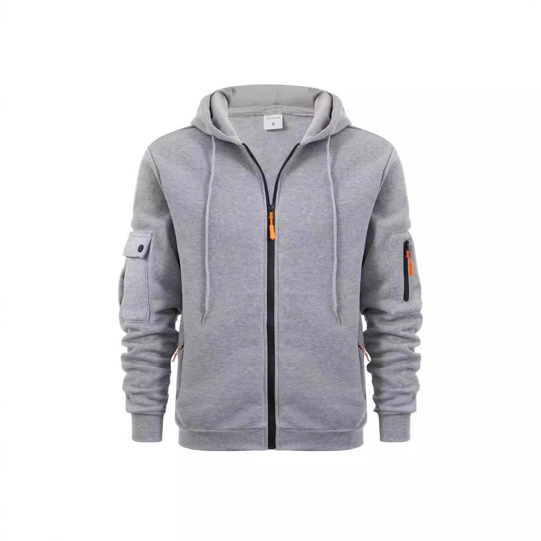 Men's Sport Casual Zip Up Hooded Jacket with Multi-Pocket Sleeves