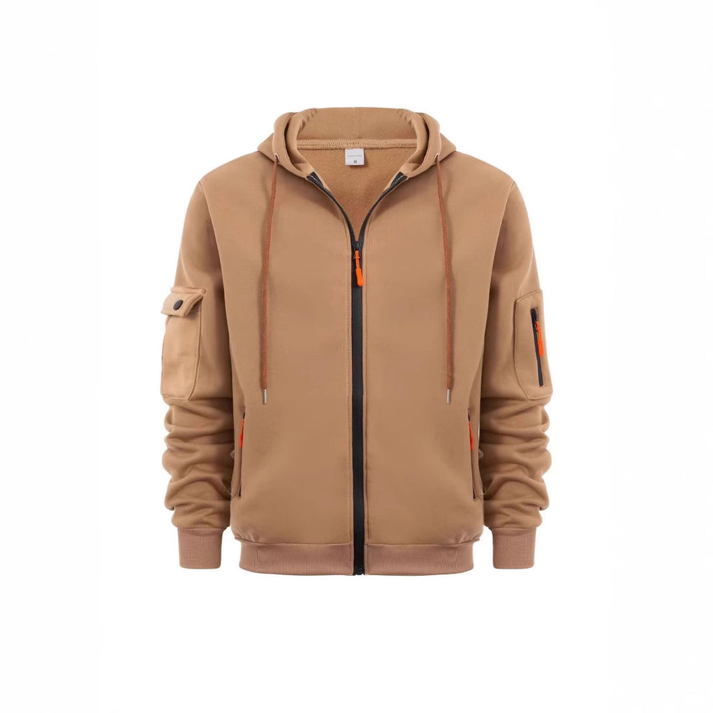 Men's Sport Casual Zip Up Hooded Jacket with Multi-Pocket Sleeves