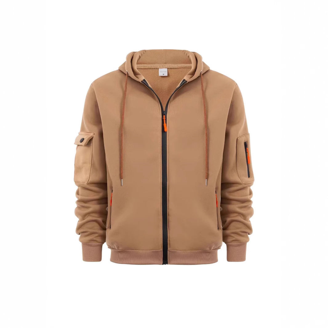 Men's Sport Casual Zip Up Hooded Jacket with Multi-Pocket Sleeves