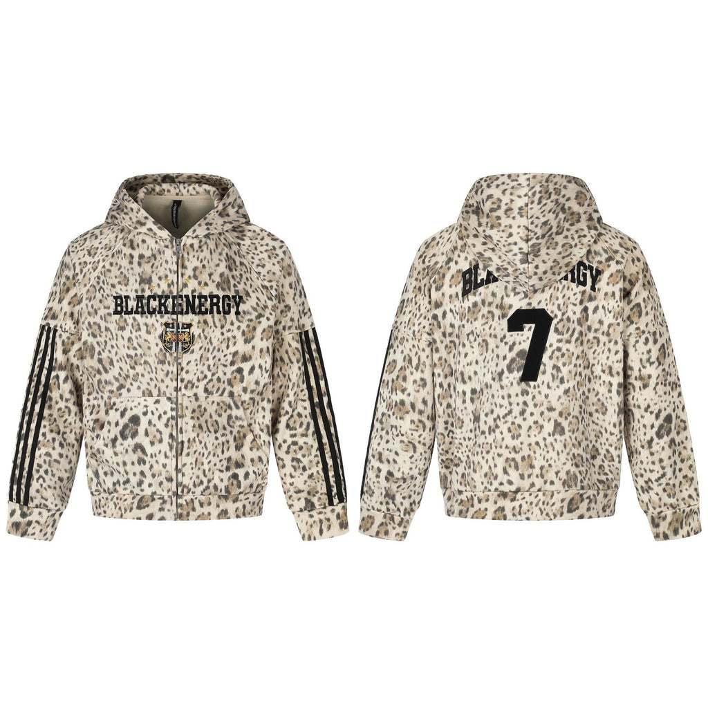 All-Over Leopard Print Oversized Hooded Jacket with Raglan Striped Sleeves and Embroidery