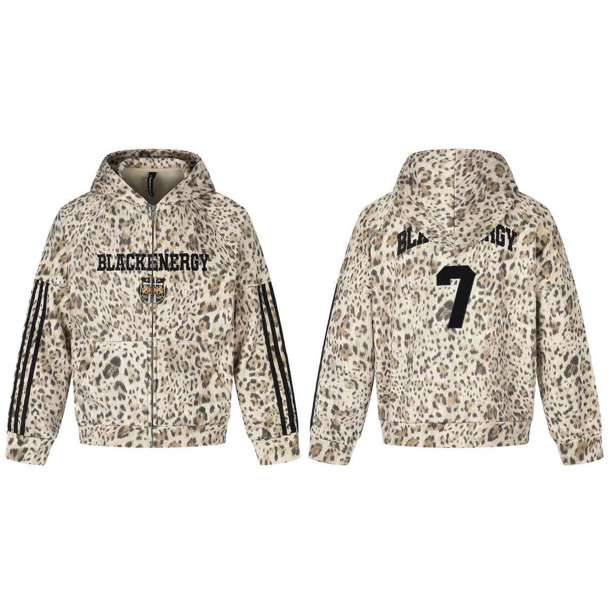 All-Over Leopard Print Oversized Hooded Jacket with Raglan Striped Sleeves and Embroidery