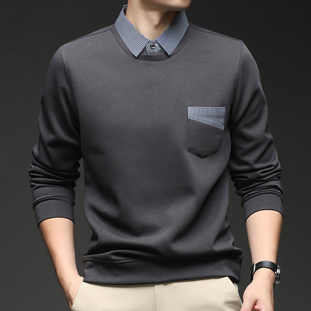 Men's Business Casual Faux Two-Piece Long Sleeve Crew Neck Sweatshirt