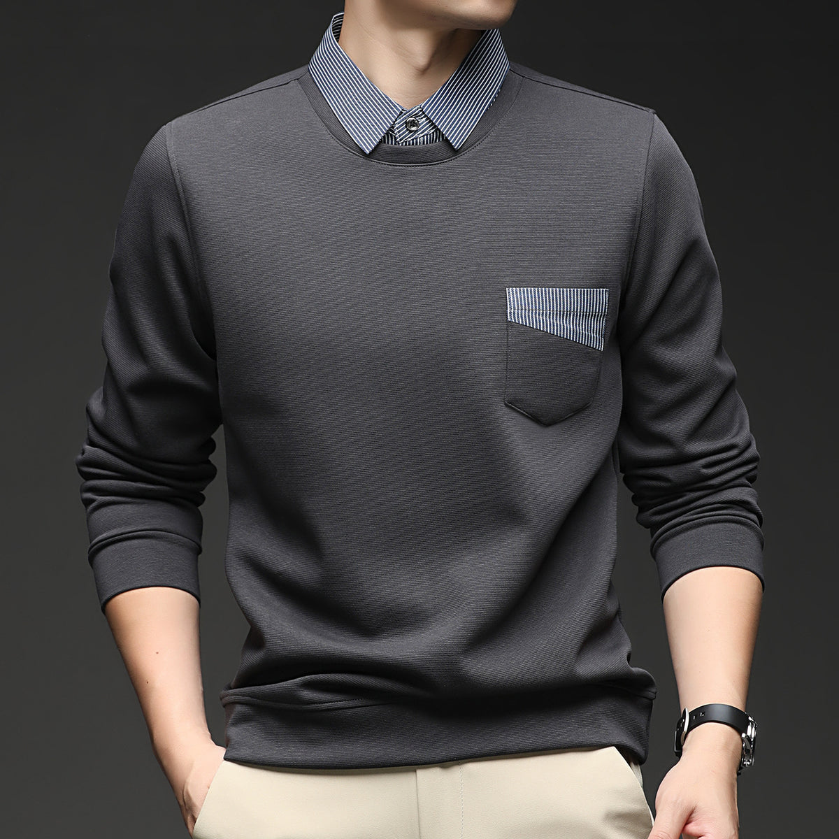 Men's Business Casual Faux Two-Piece Long Sleeve Crew Neck Sweatshirt