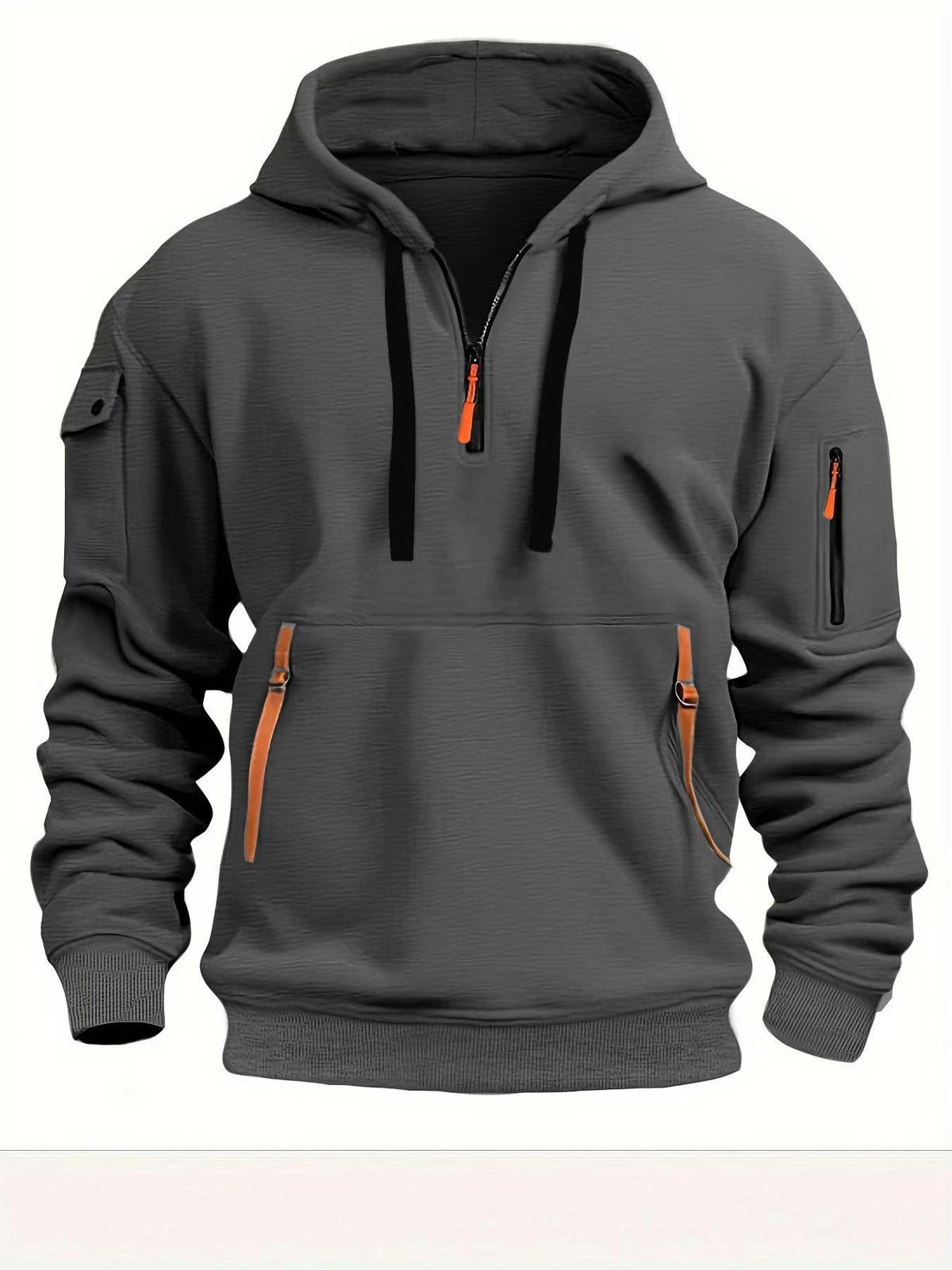 Men's Casual Sports Multi-Zipper Arm Pocket Hooded Pullover Sweatshirt