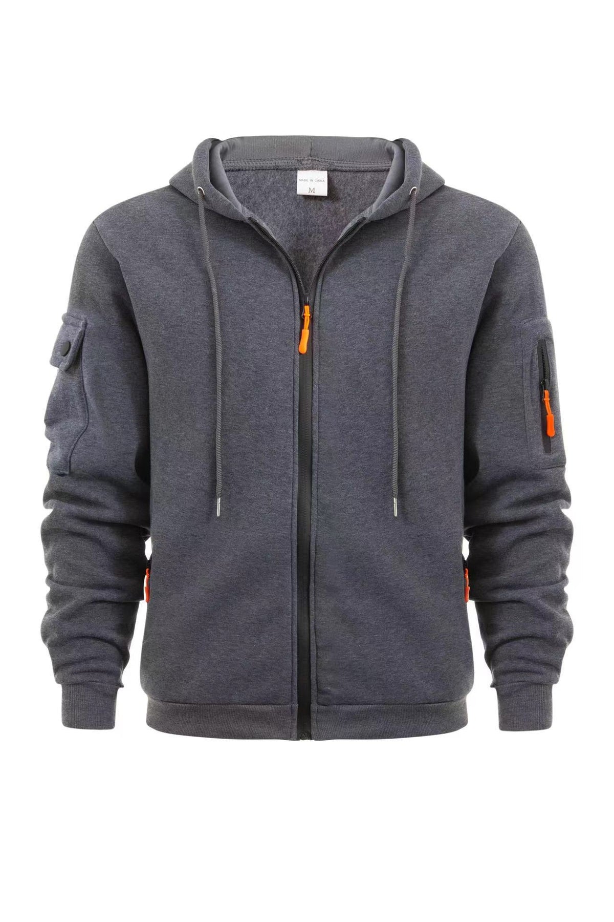 Men's Sport Casual Zip Up Hooded Jacket with Multi-Pocket Sleeves