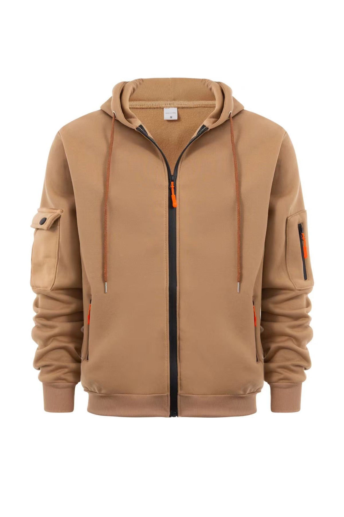 Men's Sport Casual Zip Up Hooded Jacket with Multi-Pocket Sleeves