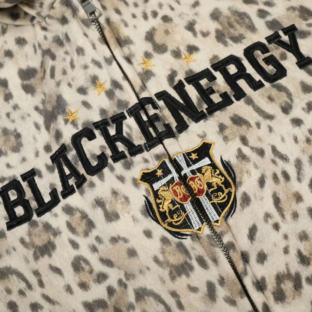 All-Over Leopard Print Oversized Hooded Jacket with Raglan Striped Sleeves and Embroidery