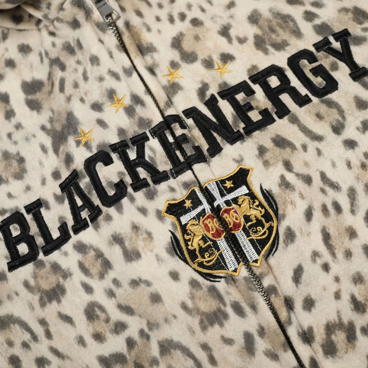 All-Over Leopard Print Oversized Hooded Jacket with Raglan Striped Sleeves and Embroidery