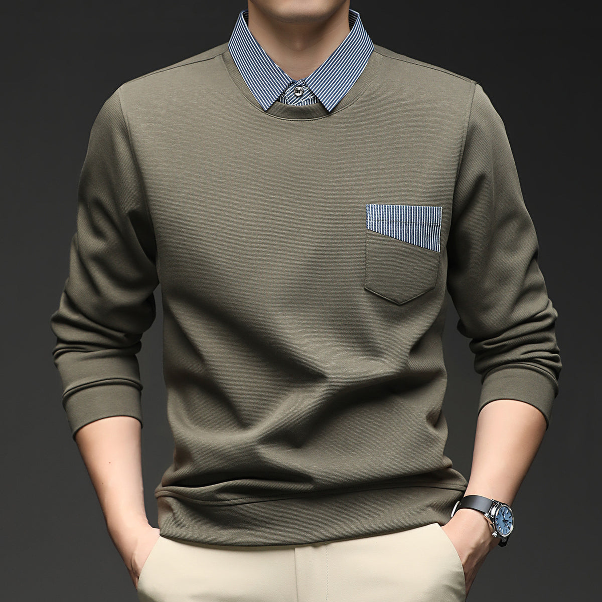 Men's Business Casual Faux Two-Piece Long Sleeve Crew Neck Sweatshirt