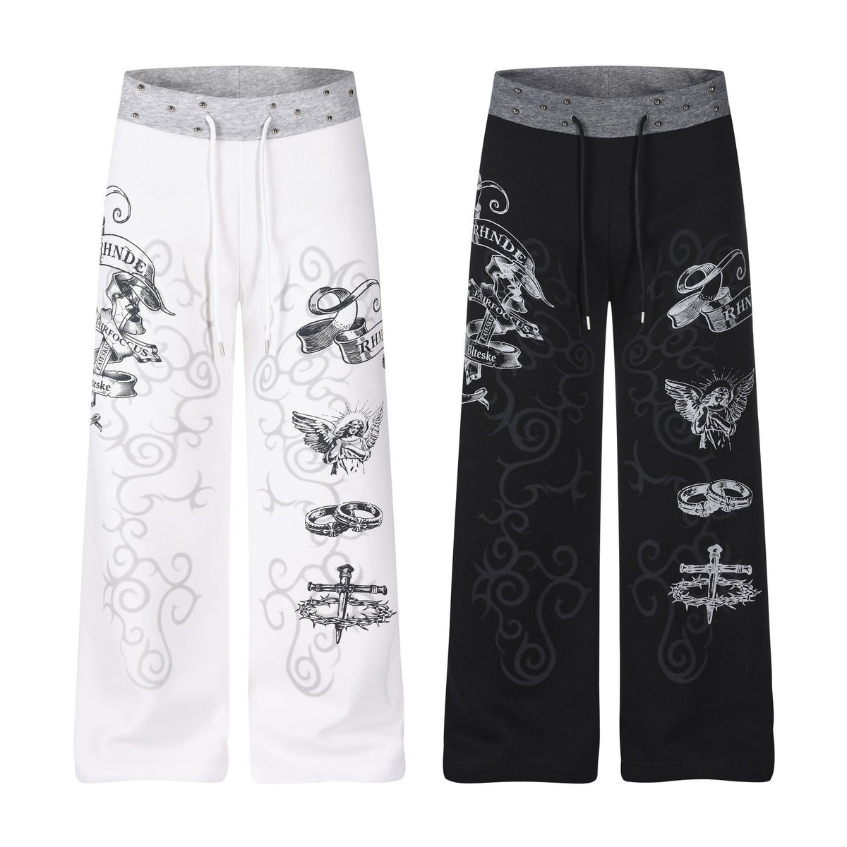 Print Rivet Waist Wide Leg Sweatpants Women Loose Casual Straight Sports Pants