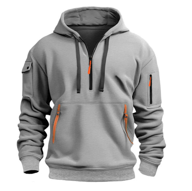 Men's Casual Sports Multi-Zipper Arm Pocket Hooded Pullover Sweatshirt
