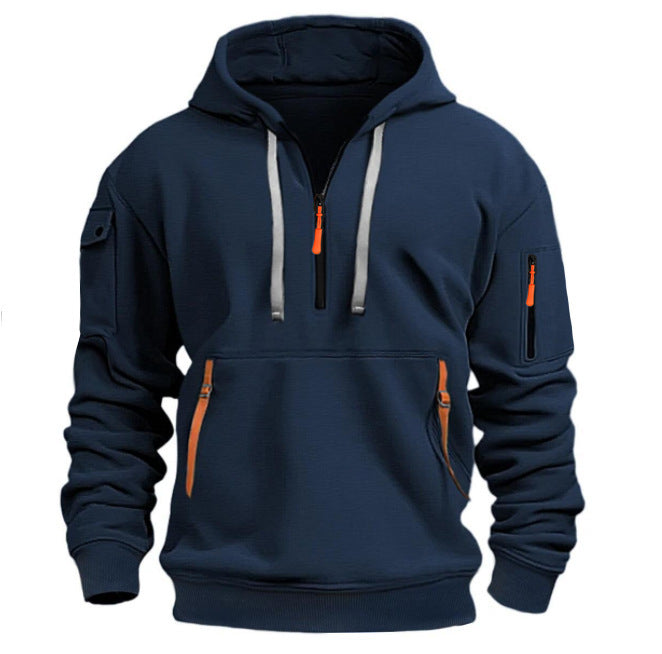 Men's Casual Sports Multi-Zipper Arm Pocket Hooded Pullover Sweatshirt