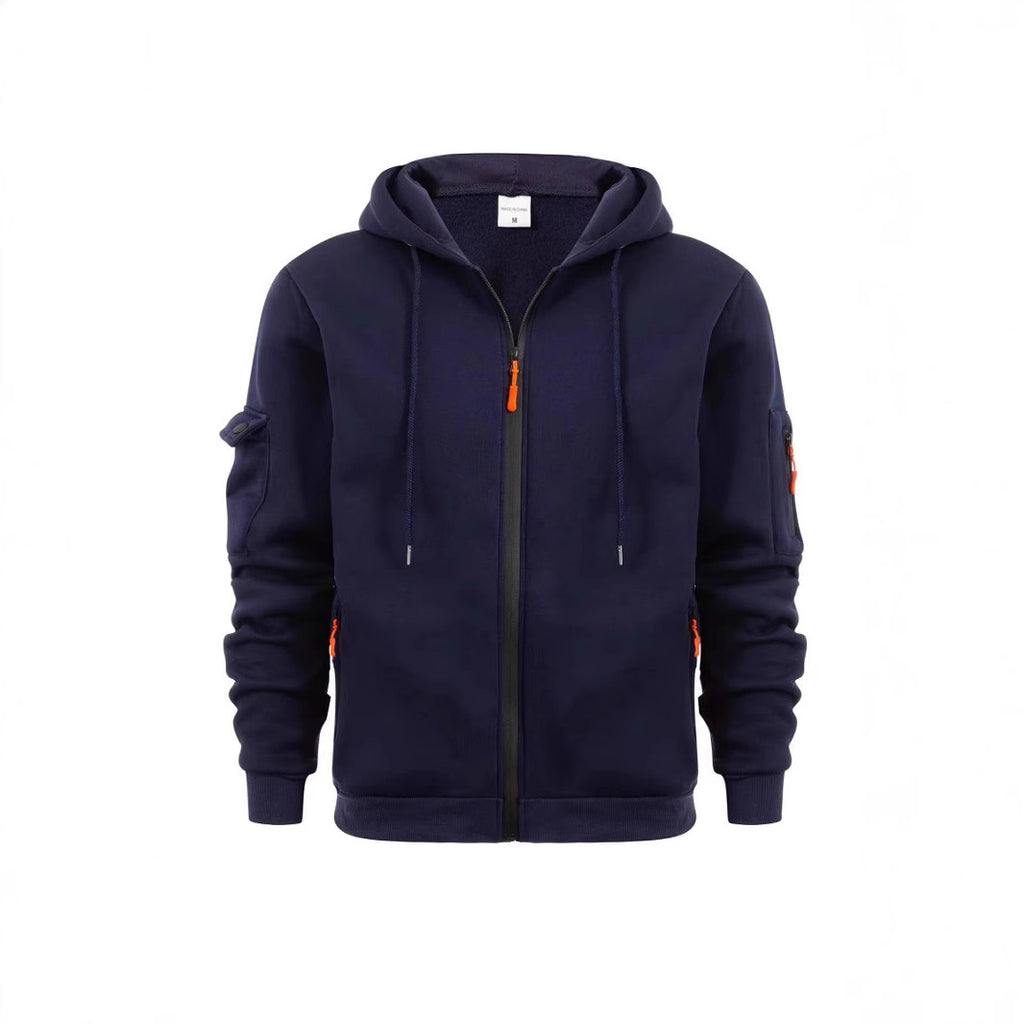 Men's Sport Casual Zip Up Hooded Jacket with Multi-Pocket Sleeves