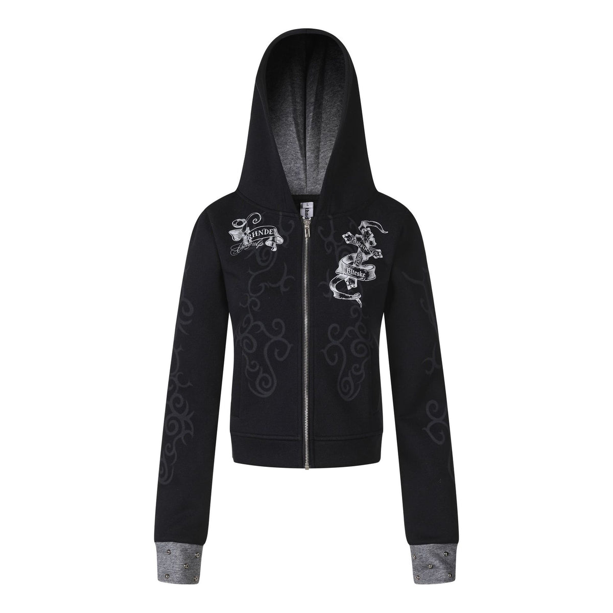 Women's Punk Print Hooded Zip-Up Jacket Slim Fit Casual Rivet Fleece Coat