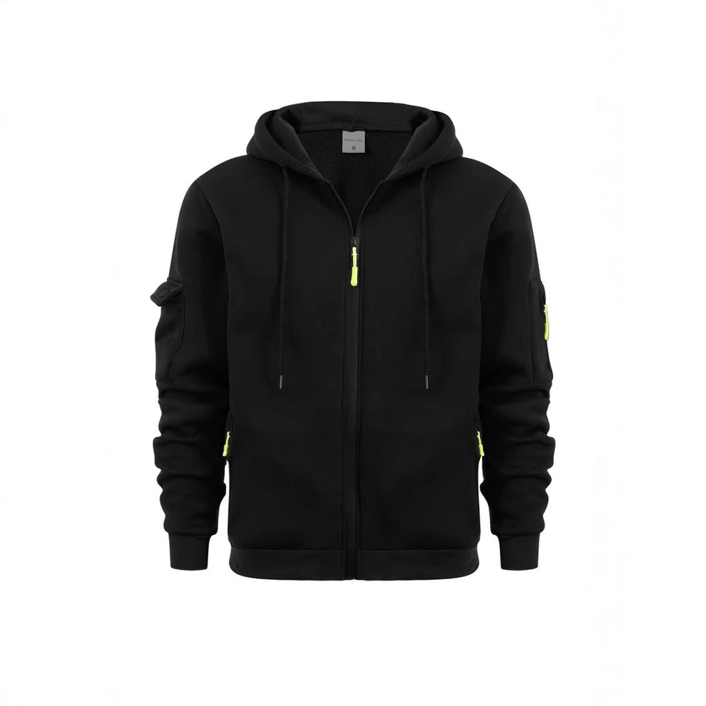 Men's Sport Casual Zip Up Hooded Jacket with Multi-Pocket Sleeves