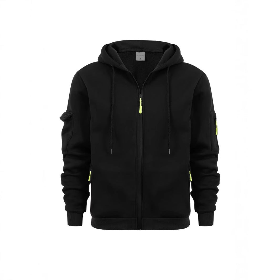 Men's Sport Casual Zip Up Hooded Jacket with Multi-Pocket Sleeves