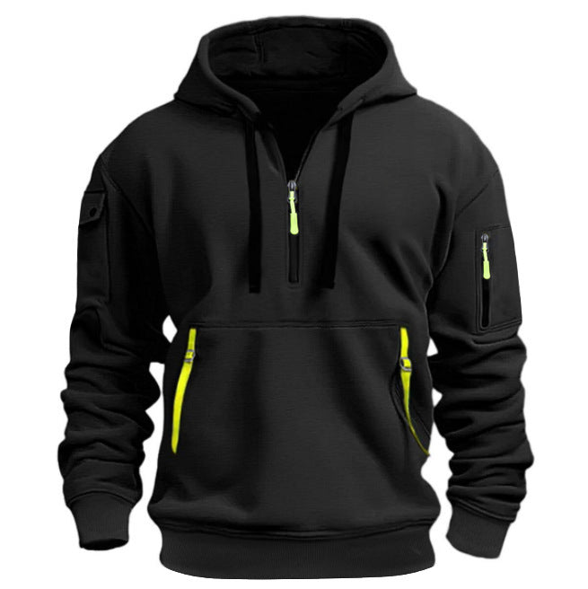 Men's Casual Sports Multi-Zipper Arm Pocket Hooded Pullover Sweatshirt