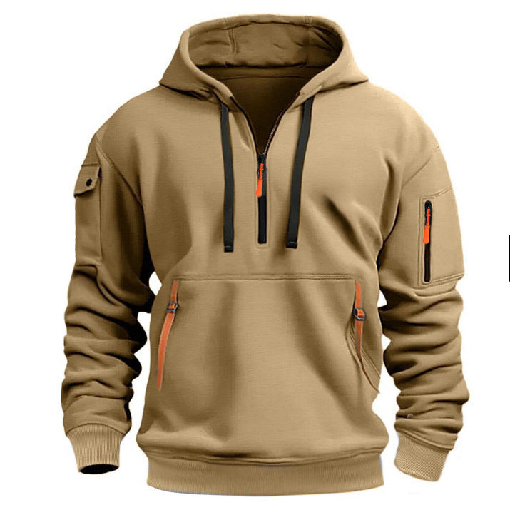 Men's Casual Sports Multi-Zipper Arm Pocket Hooded Pullover Sweatshirt