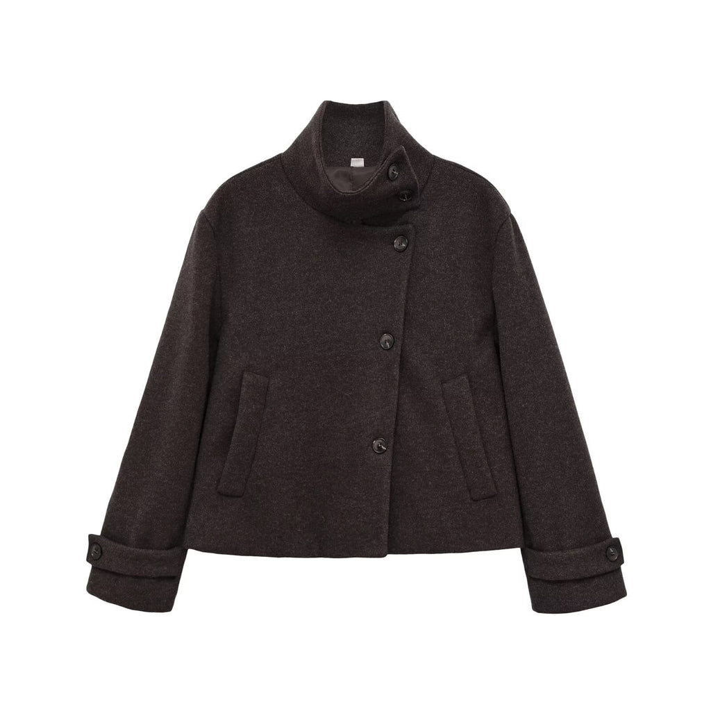 Slant breasted single breasted standing collar woolen coat for women