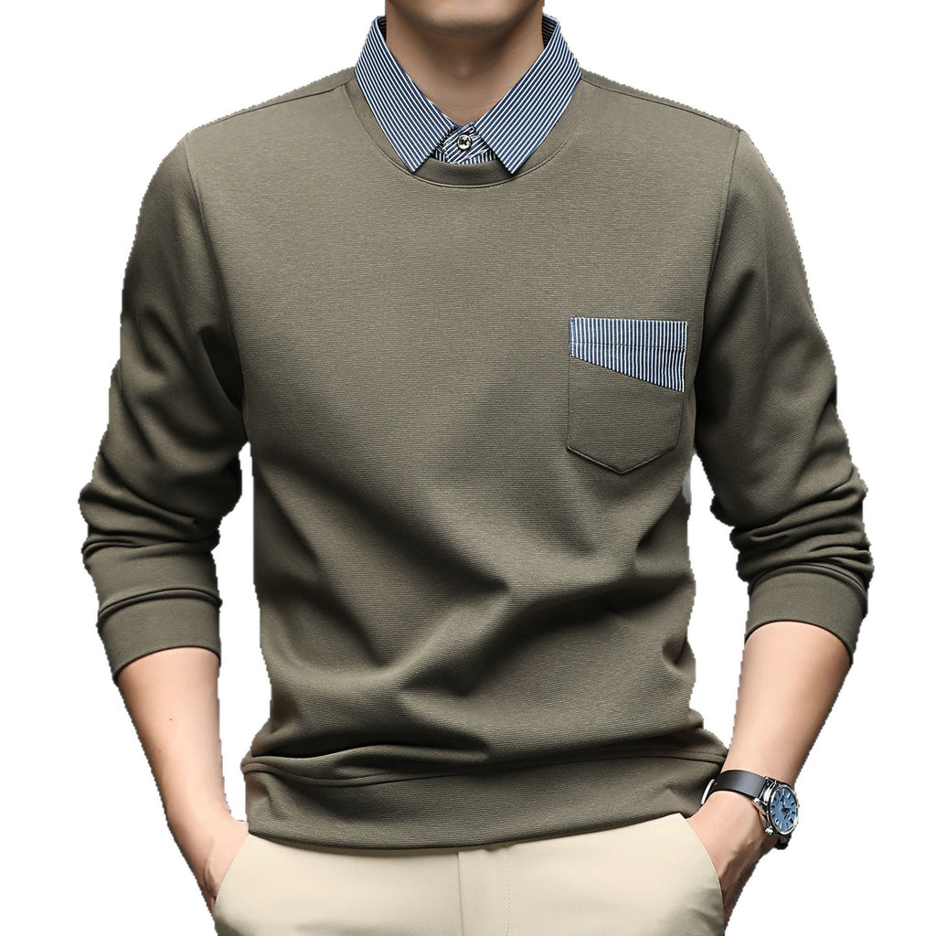 Men's Business Casual Faux Two-Piece Long Sleeve Crew Neck Sweatshirt
