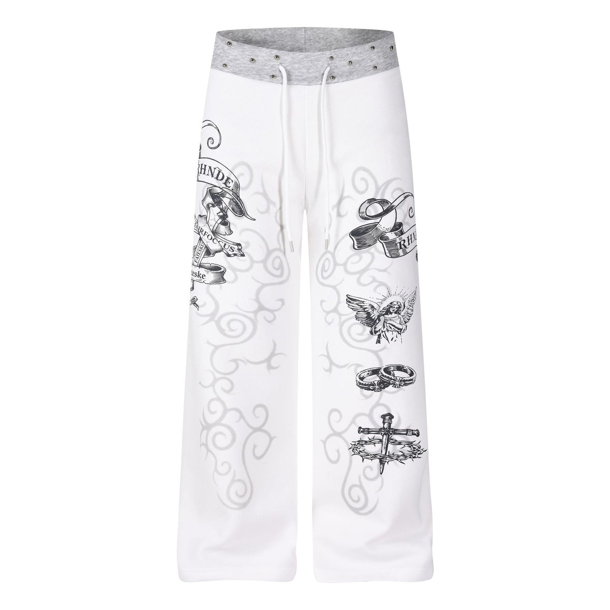Print Rivet Waist Wide Leg Sweatpants Women Loose Casual Straight Sports Pants
