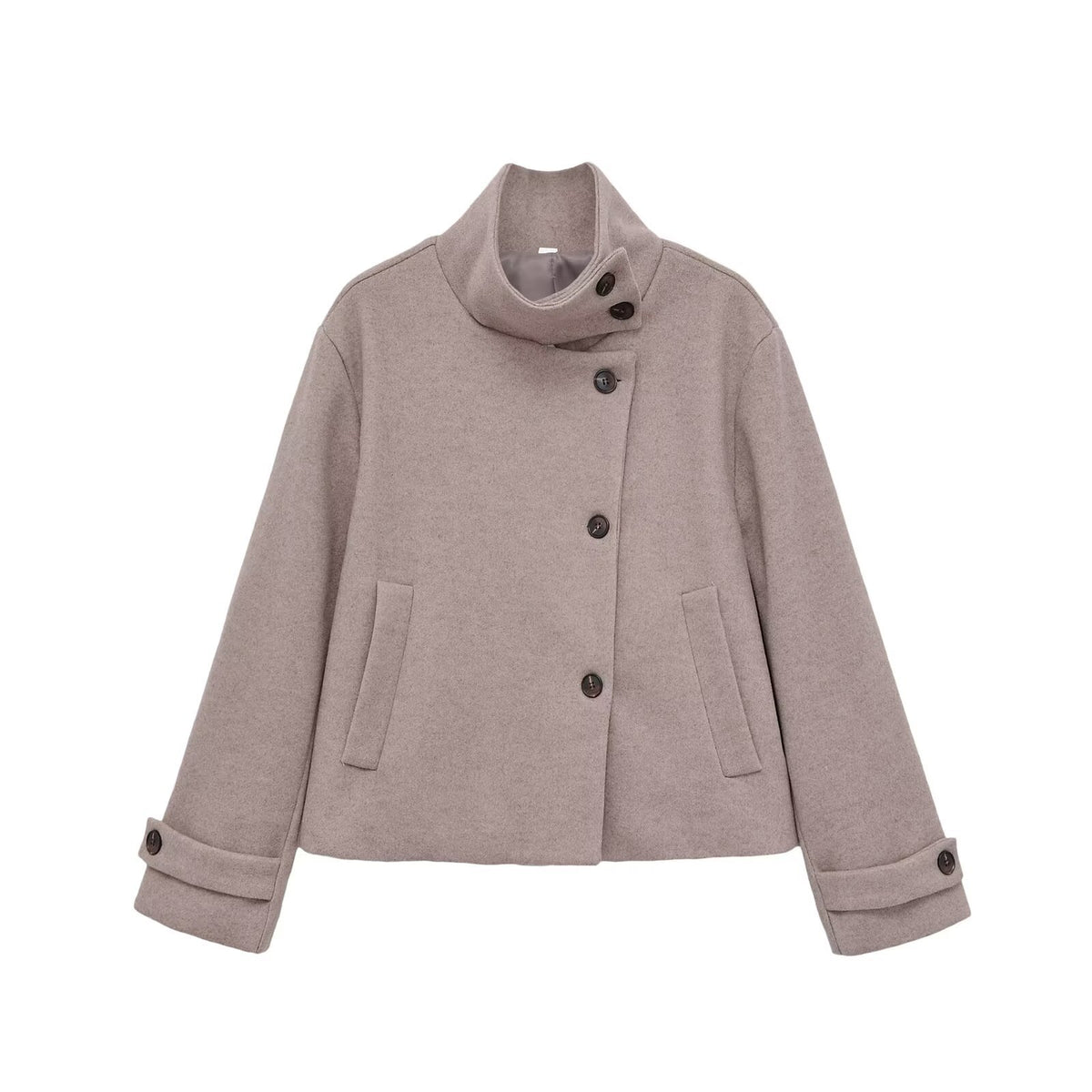 Slant breasted single breasted standing collar woolen coat for women