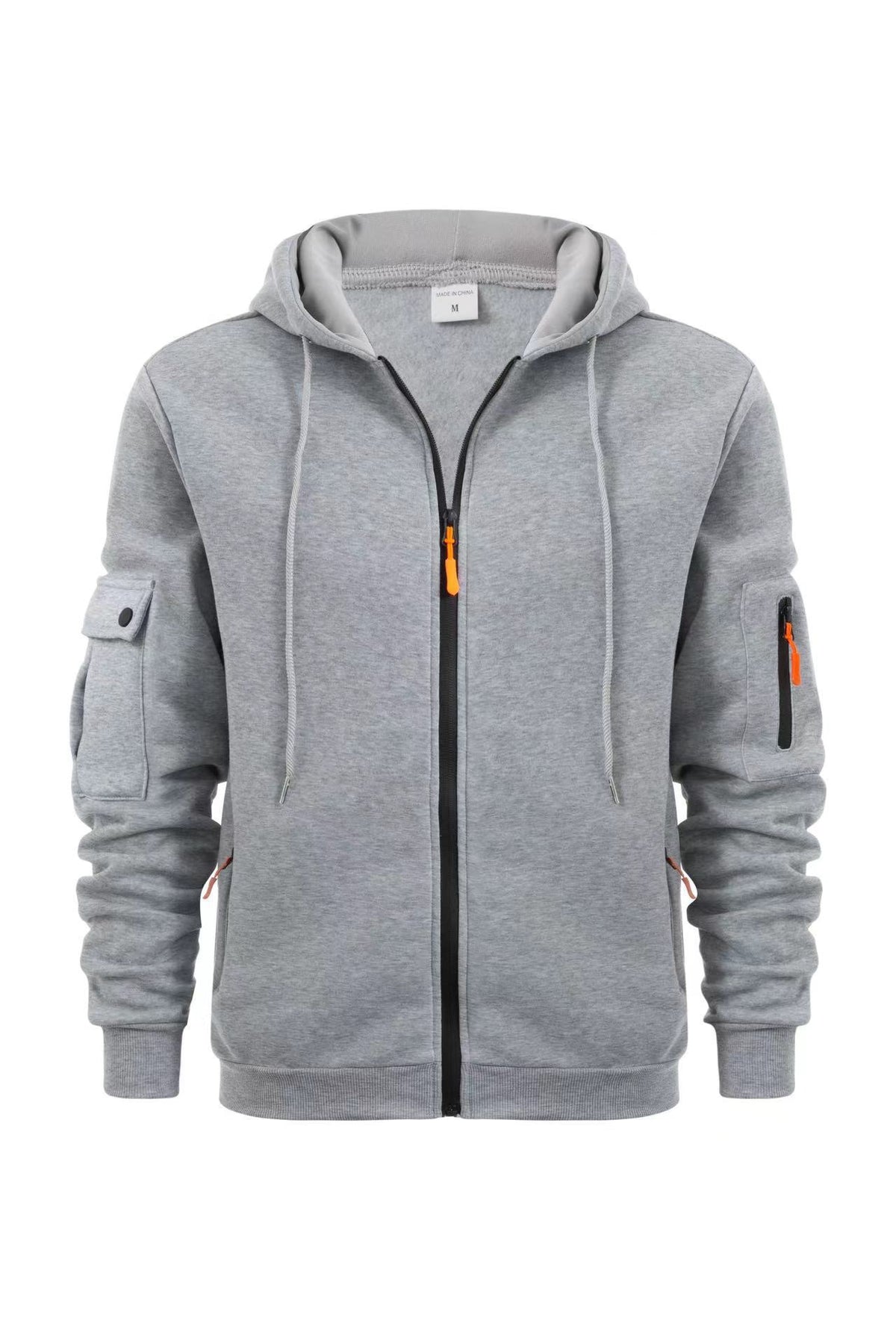 Men's Sport Casual Zip Up Hooded Jacket with Multi-Pocket Sleeves